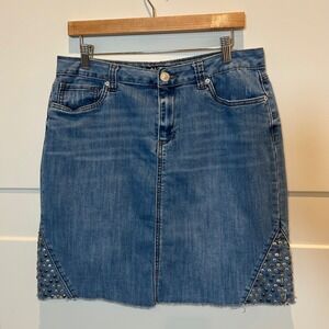 Baccini Denim Skirt Womens Size 12P Blue Studded‎ A Line Raw Hem Mini Skirt